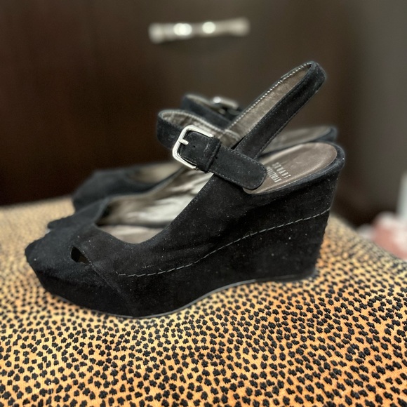 Stuart Weitzman black suede peep toe wedges